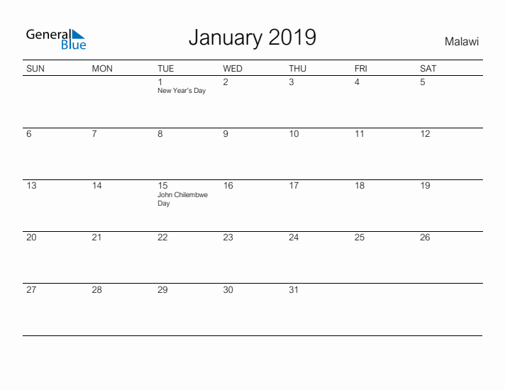 Printable January 2019 Calendar for Malawi