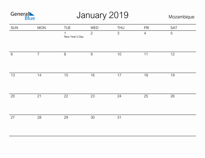 Printable January 2019 Calendar for Mozambique