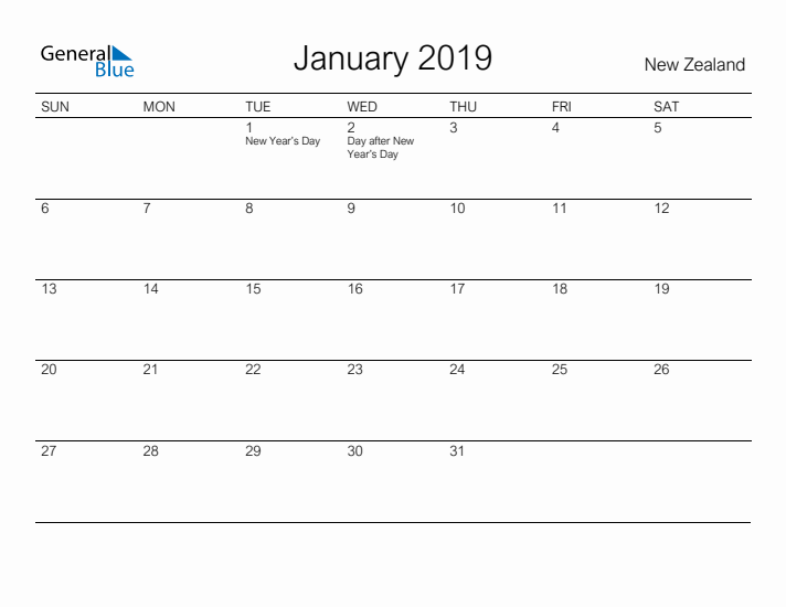 Printable January 2019 Calendar for New Zealand