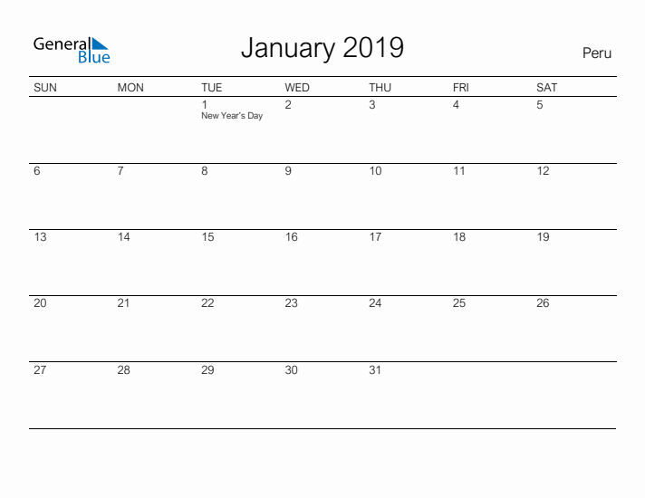 Printable January 2019 Calendar for Peru