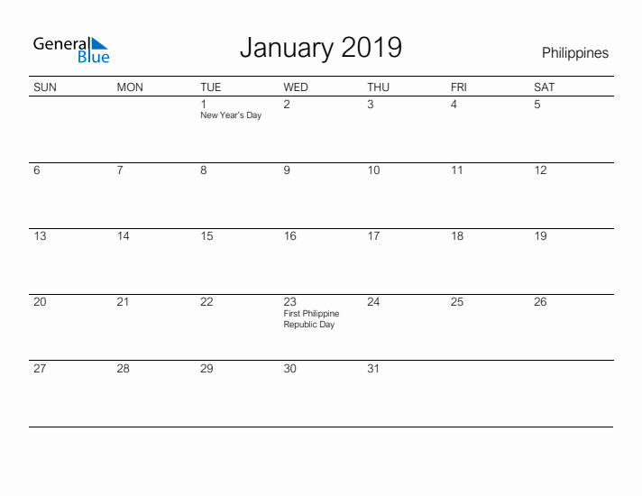 Printable January 2019 Calendar for Philippines