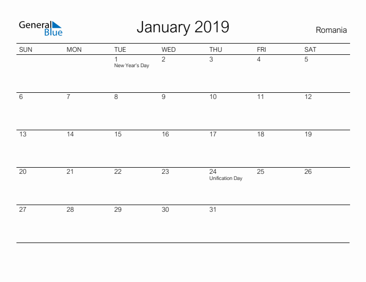 Printable January 2019 Calendar for Romania