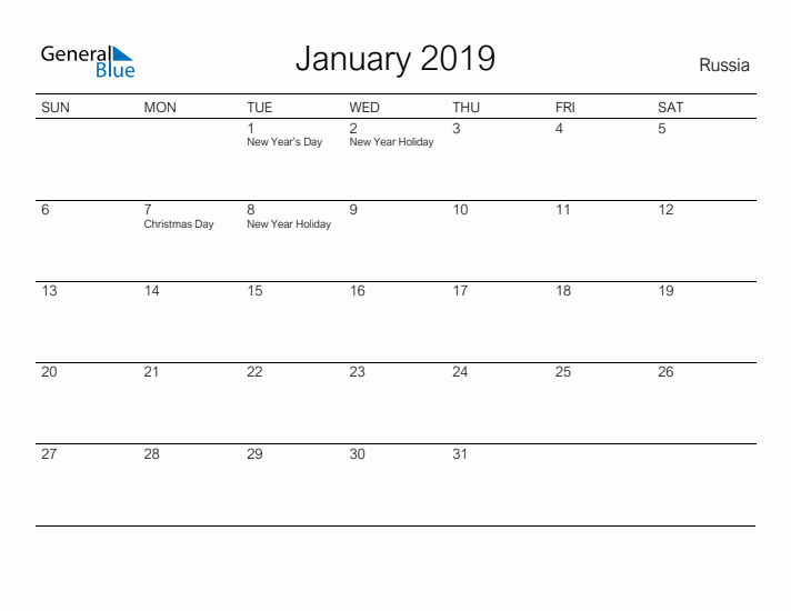 Printable January 2019 Calendar for Russia