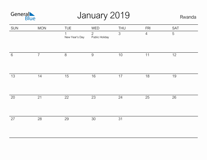 Printable January 2019 Calendar for Rwanda