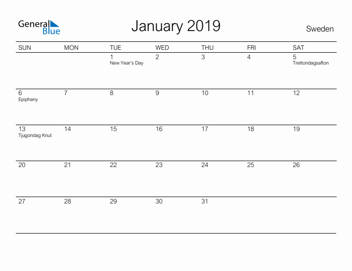 Printable January 2019 Calendar for Sweden