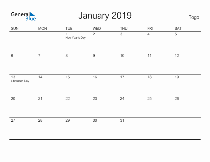 Printable January 2019 Calendar for Togo