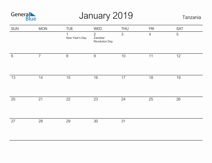 Printable January 2019 Calendar for Tanzania