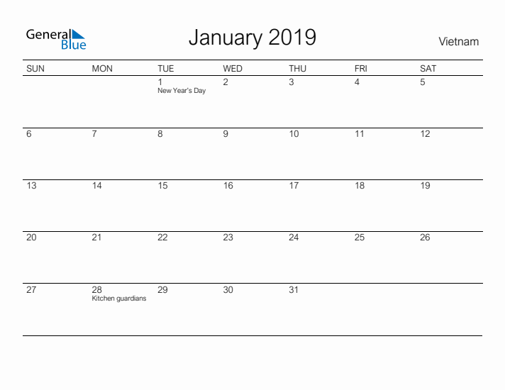 Printable January 2019 Calendar for Vietnam
