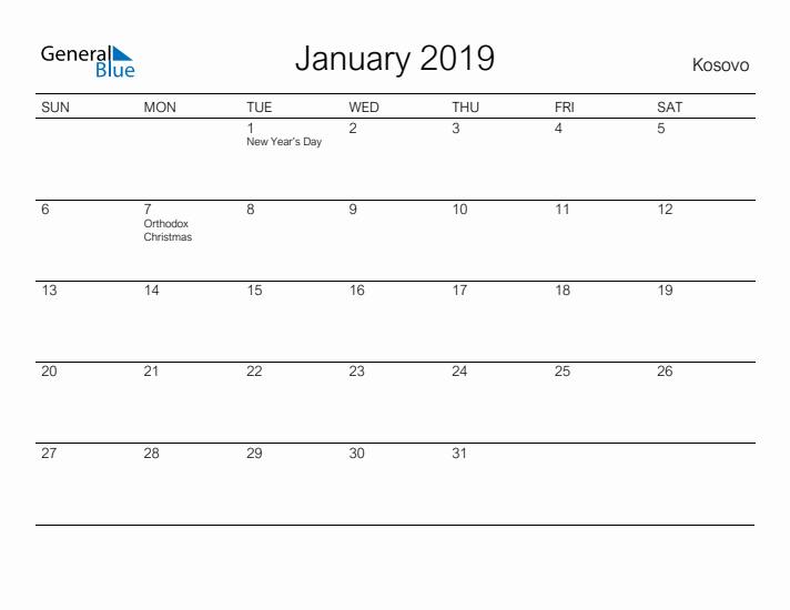 Printable January 2019 Calendar for Kosovo