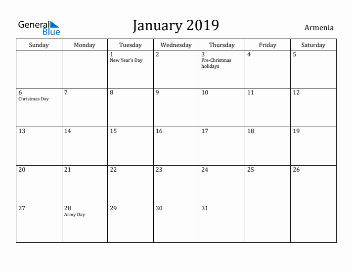 January 2019 Calendar Armenia