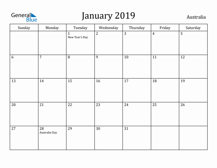 January 2019 Calendar Australia
