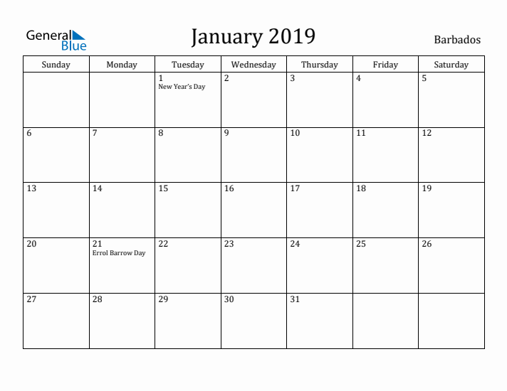 January 2019 Calendar Barbados