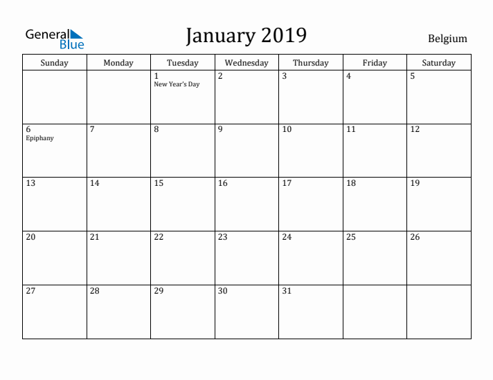 January 2019 Calendar Belgium
