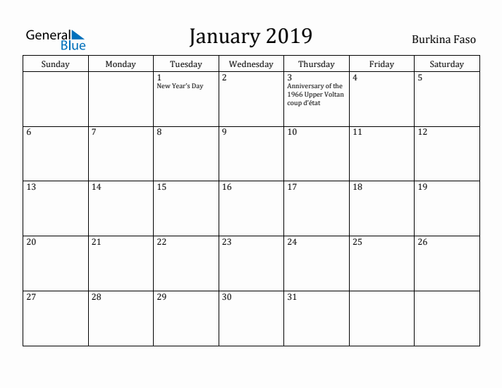 January 2019 Calendar Burkina Faso