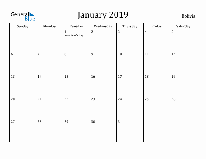 January 2019 Calendar Bolivia
