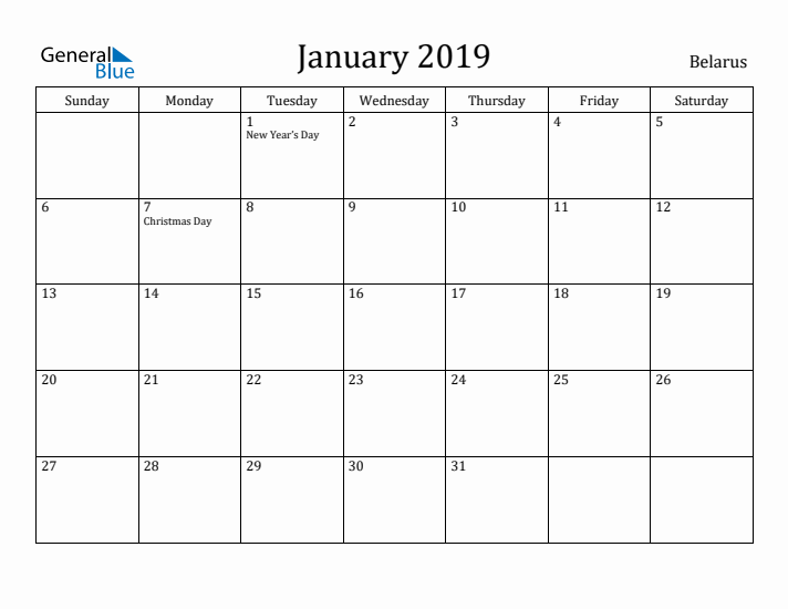 January 2019 Calendar Belarus
