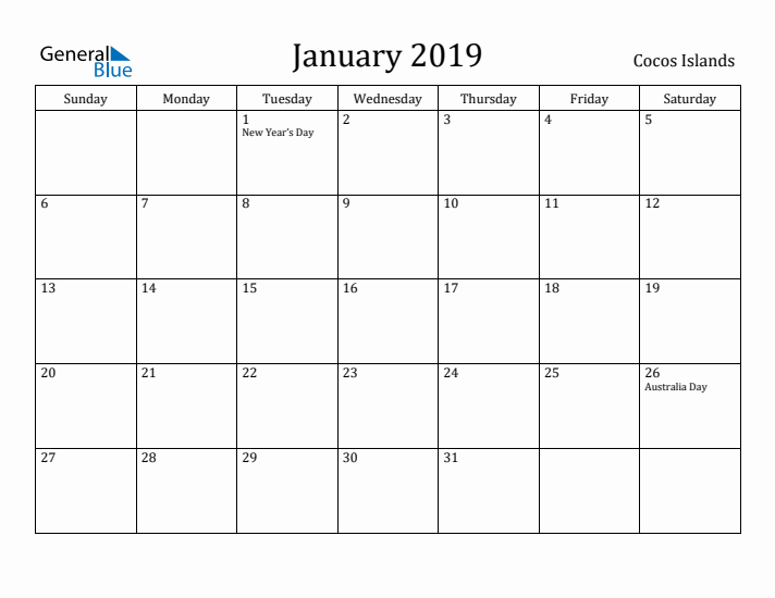 January 2019 Calendar Cocos Islands