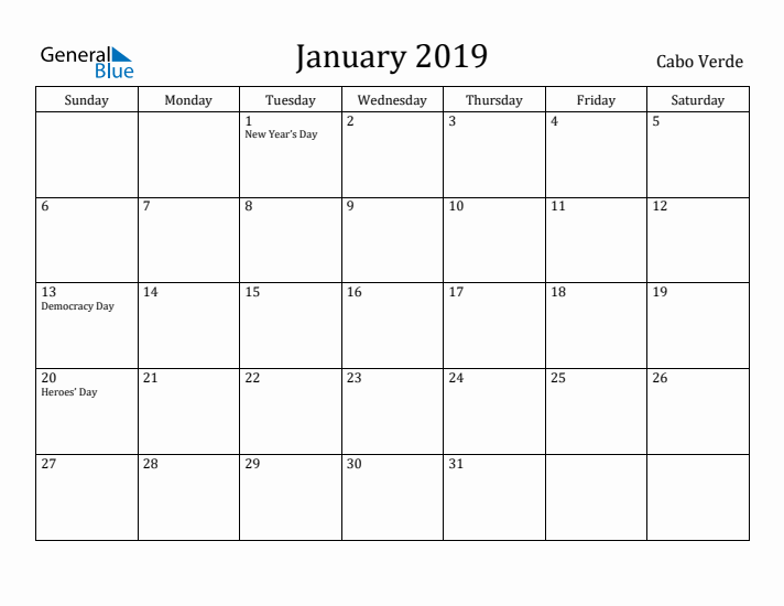 January 2019 Calendar Cabo Verde