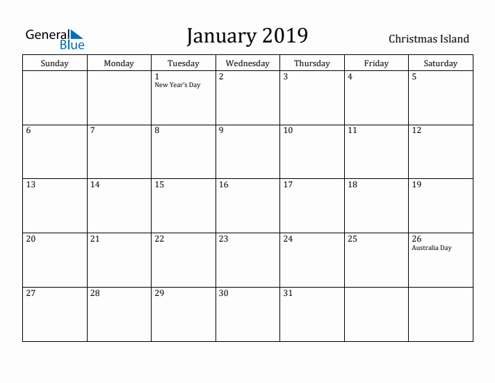 January 2019 Calendar Christmas Island