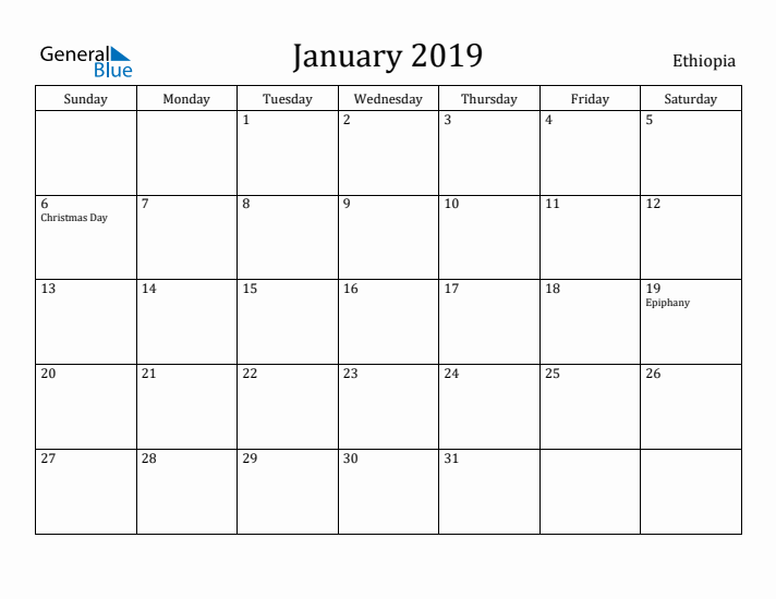 January 2019 Calendar Ethiopia