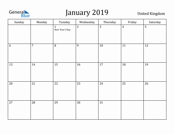 January 2019 Calendar United Kingdom