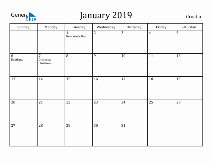 January 2019 Calendar Croatia
