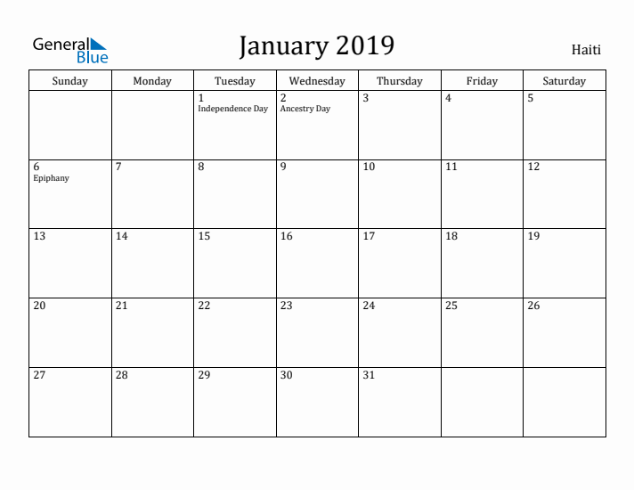 January 2019 Calendar Haiti