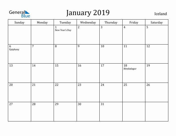 January 2019 Calendar Iceland