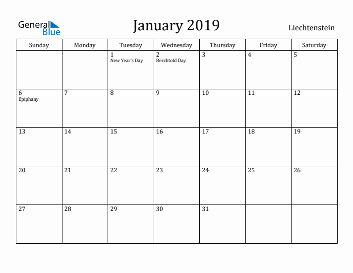 January 2019 Calendar Liechtenstein