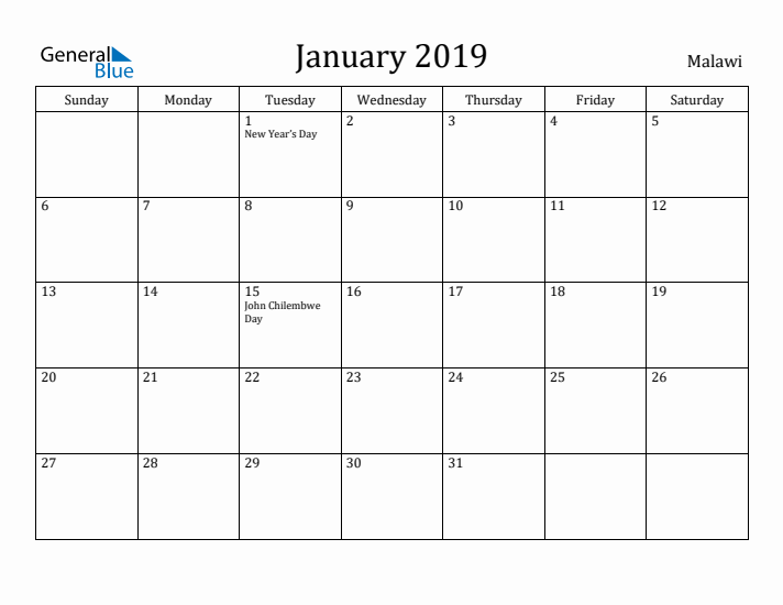 January 2019 Calendar Malawi