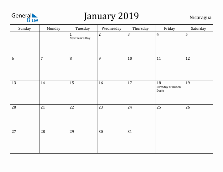 January 2019 Calendar Nicaragua