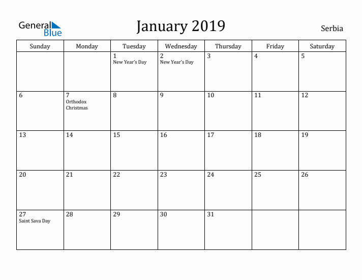 January 2019 Calendar Serbia
