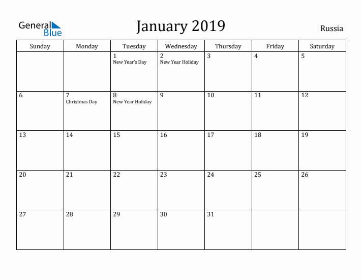 January 2019 Calendar Russia