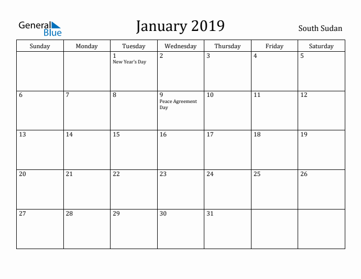 January 2019 Calendar South Sudan