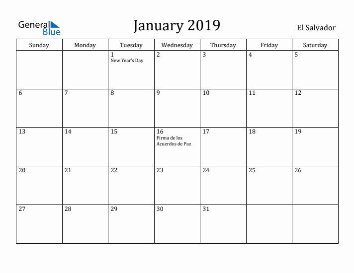 January 2019 Calendar El Salvador
