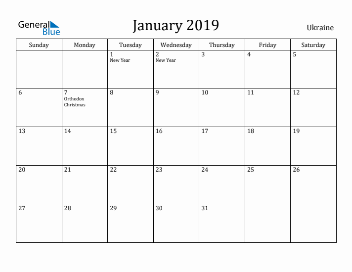 January 2019 Calendar Ukraine