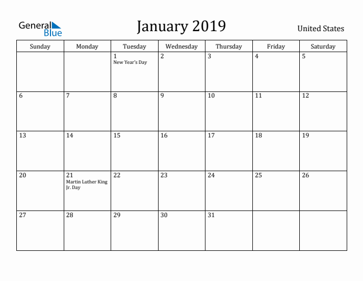 January 2019 Calendar United States