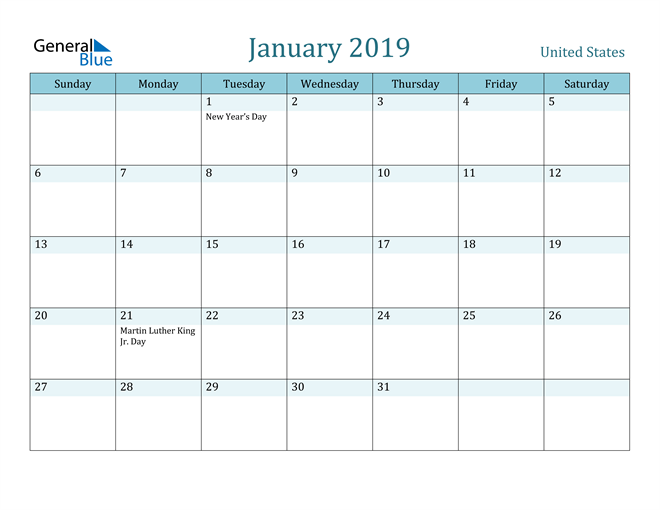 United States January 2019 Calendar with Holidays