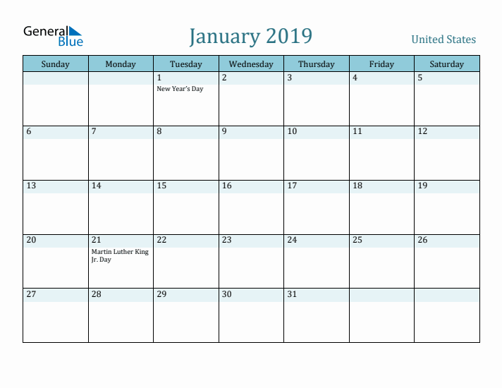 January 2019 Monthly Calendar with United States Holidays