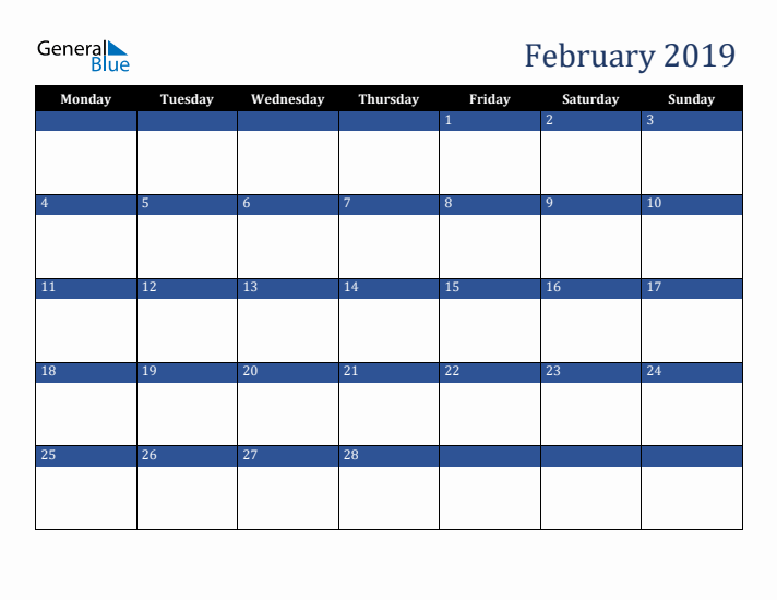 Monday Start Calendar for February 2019