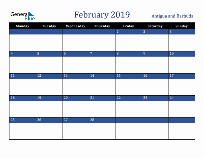 February 2019 Antigua and Barbuda Calendar (Monday Start)