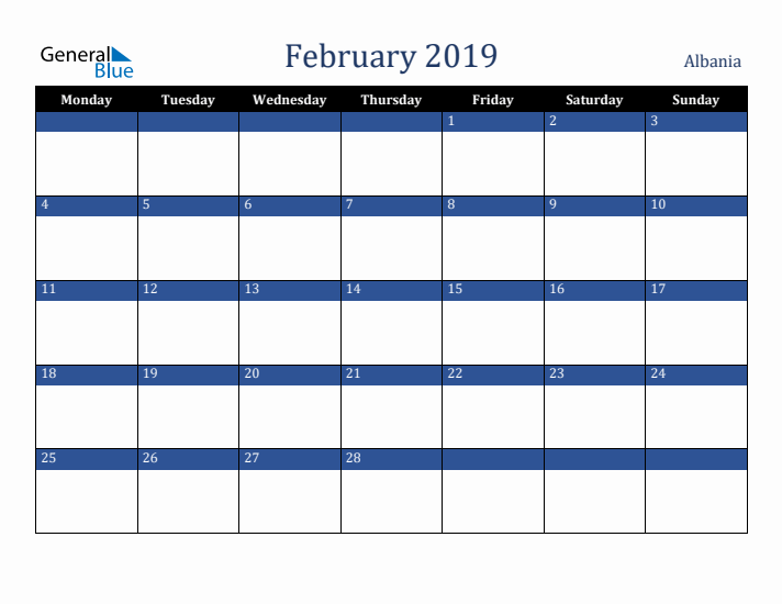 February 2019 Albania Calendar (Monday Start)