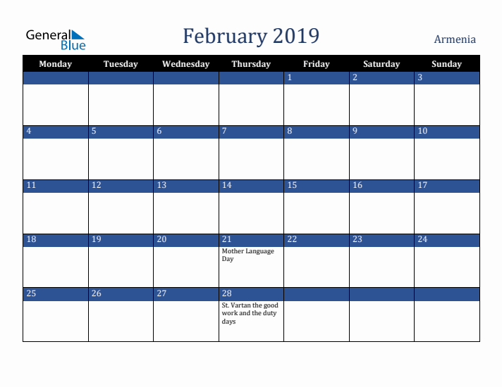 February 2019 Armenia Calendar (Monday Start)
