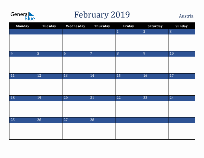 February 2019 Austria Calendar (Monday Start)