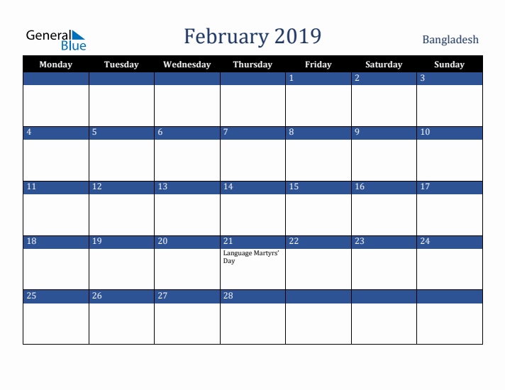 February 2019 Bangladesh Calendar (Monday Start)