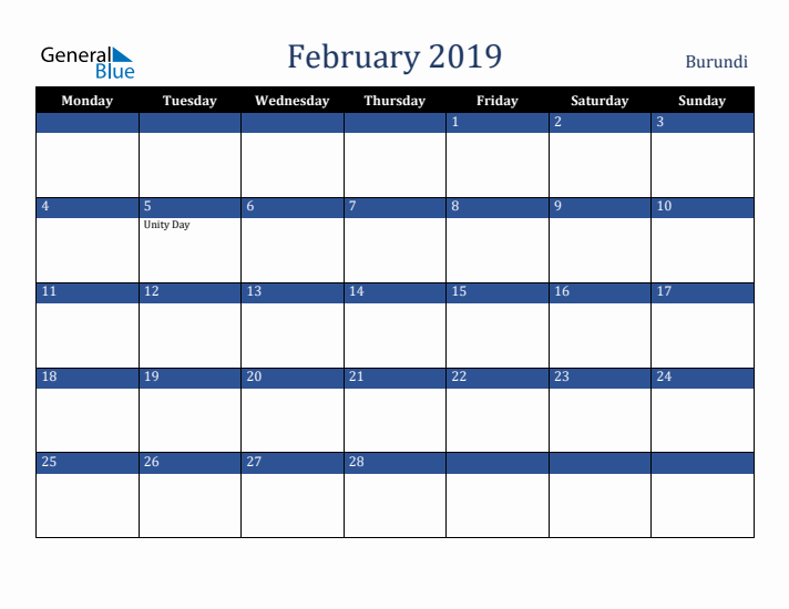 February 2019 Burundi Calendar (Monday Start)
