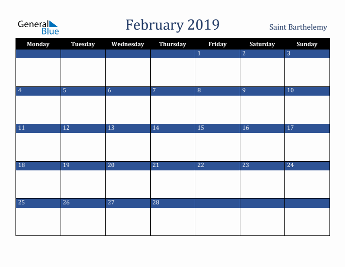 February 2019 Saint Barthelemy Calendar (Monday Start)