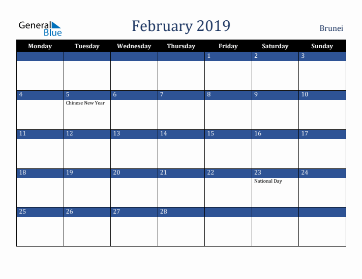 February 2019 Brunei Calendar (Monday Start)