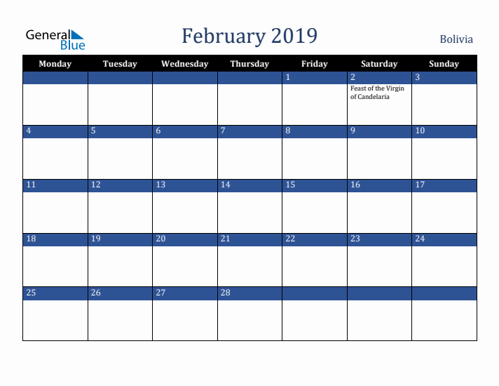 February 2019 Bolivia Calendar (Monday Start)