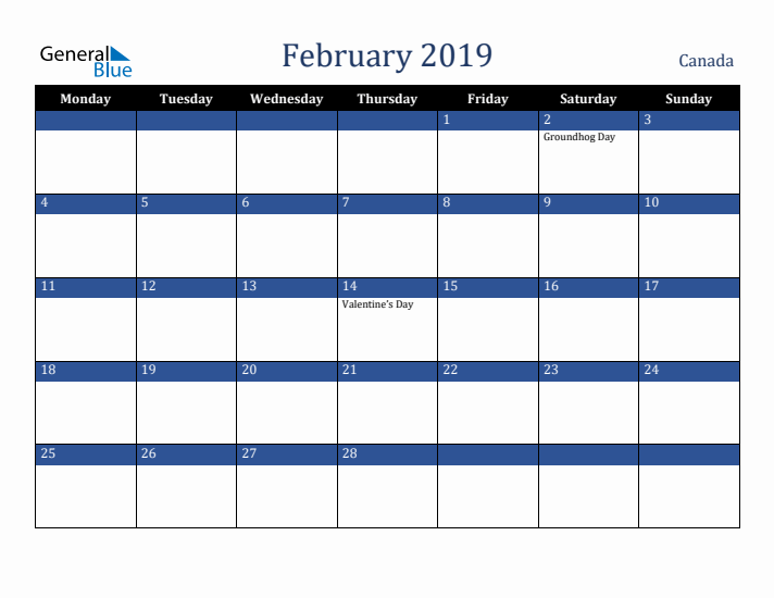 February 2019 Canada Calendar (Monday Start)